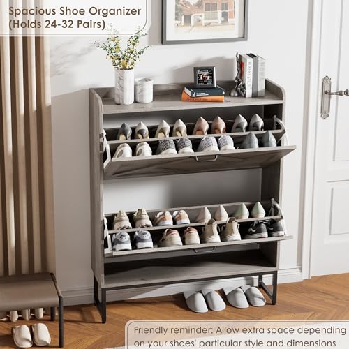 Nicetree Shoe Storage Cabinet with 2 Flip Drawers, Freestanding Shoe Organizer, Shoe Cabinet with Metal Legs, Narrow Shoe Rack Cabinet, Farmhouse Slim Shoe Cabinet for Entryway, Hallway, Rustic Gray - color: Grey, style: 2-Drawers