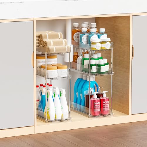 Yieach 2 Pack 13.8″ Deep 3 Tier Under Sink Storage Organizer,Large Pull Out Bathroom Organizers and Storage,Slide Out Acrylic Undersink Storage Shelf,Kitchen Under Sink Organizer for Cleaning Products - style: 2 Pack-3 Tier