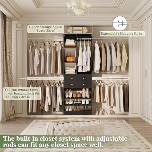 Besiost Closet System, 4.2–8.8 FT Closet Organizer with 2 Wooden Drawers and Shelves, Walk-in Closet System with 5 Hang Rods, Built-in Reach in Closet Tower, Can Fit 60 to 96 inch, Black - color: Black