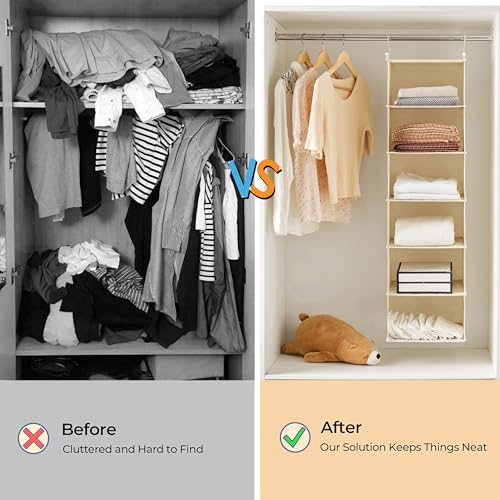 MAX Houser 6 Tier Shelf Hanging Closet Organizer, Cloth Hanging Shelf with 2 Sturdy Hooks for Storage, Foldable (Beige) - color: Beige