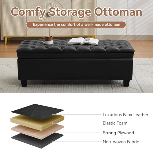 WUTUTUEE 50" Faux Leather Storage Ottoman Bench, End of Bed Upholstered Rectangle Storage Ottoman Tufted Living Room Bedroom Bench with Safety Hinge, Solid Wood Legs, Loads 500 lb(Black) - color: Black