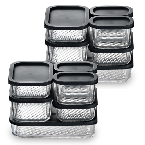 EATEX 12 Pack Glass Meal Prep Containers with Grooved Base, 12 Stackable BPA Free Glass Storage Containers with Lids for Lunch, Pantry, and Kitchen - Microwave, Dishwasher Freezer & Oven Safe - Black - color: Black, size: 12 Pack