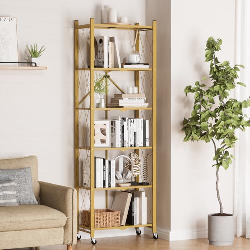 ALANNG 73.6 Inch Folding Bookshelf, 6 Tier Metal Bookcase and Bookshelves, Tall Shelves for Living Room Office Bedroom, Heavy Duty Book Shelve Free Standing Open (Gold, 1PACK) - color: Gold