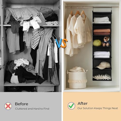 MAX Houser 6 Tier Shelf Hanging Closet Organizer, Closet Hanging Shelf with 2 Sturdy Hooks for Storage, 2 Pack, Foldable (Black) - color: Black-2