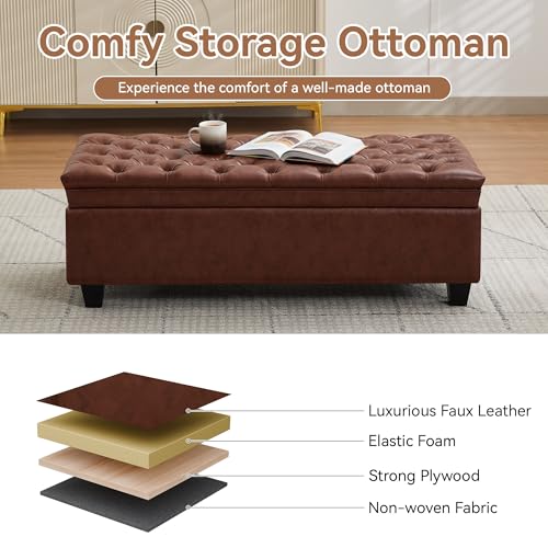 WUTUTUEE 50" Faux Leather Storage Ottoman Bench, Upholstered Rectangle End of Bed Storage Ottoman Tufted Living Room Bedroom Bench with Safety Hinge, Solid Wood Legs, Loads 500 lb(Brown) - color: Brown-pu