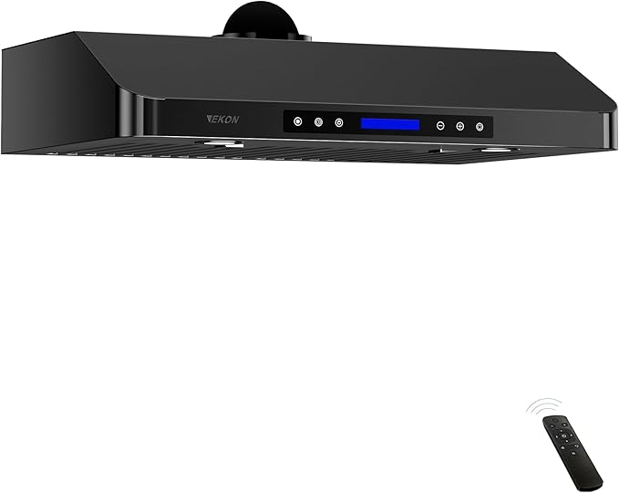 EKON 42 inches Black Under Cabinet Range Hood, 900 CFM Stainless Steel Kitchen Chimney Vent, 4 Speed Touch Screen Control With Remote 2Pcs 3W LED lights Dishwasher-safe Filters Fan Timer