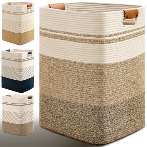 Laundry Hamper, 85L Tall Laundry Basket with Leather Handles, Rectangle Large Clothes Hamper for Organizing, Cotton Woven Laundry Baskets Storage Hampers for Bedroom, Nursery, Living Room - color: Jute & Rice Brown, size: 85L