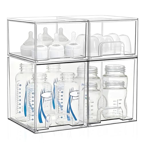Baby Bottle Storage Organizer: Clear Stackable Storage Drawers, Acrylic Bottles Station Organizer Container for Countertop, Vanity, Bathroom, Cabinet Organization - 4 Pack - size: 2 Small+2 High