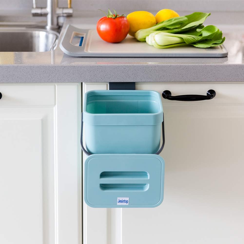 Kitchen Compost Bin Indoor for Counter Top,Hanging Small Trash Can with Lid,Food Waste Bin,Mountable Compost Busket 1.3 Gal/5 L Series,Blue