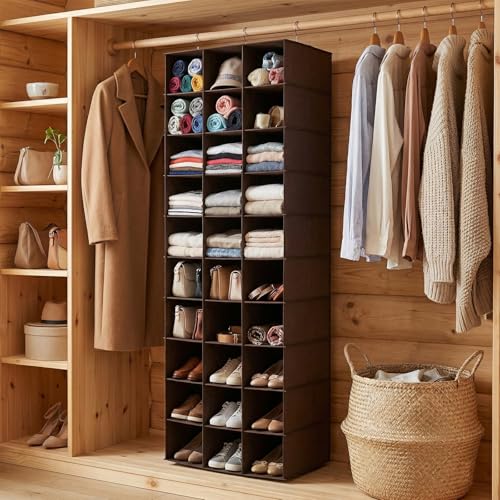 coastal rose Hanging Shoe Closet Organizer, 30 Sections Hanging Closet Organizers and Storage Shelves, Space Saving Shoe Rack Holder Hanger, Coffee - color: Coffee