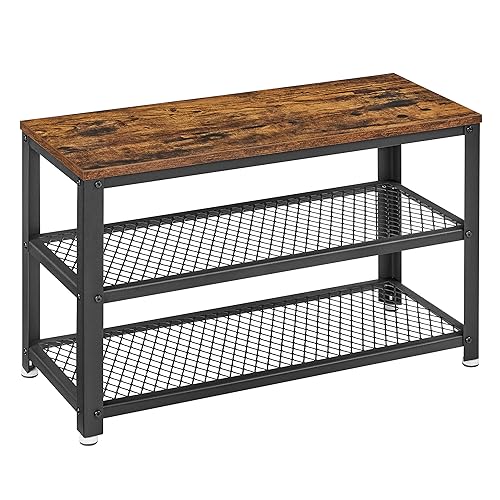 VASAGLE 3-Tier Shoe Rack, Shelf Storage Bench with Metal Mesh Shelves and Seat, Free Standing Shoe Organizer for Entryway, 11.8 x 28.7 x 17.7 Inches, Rustic Brown and Black ULBS73X - color: Rustic Brown + Black, size: 28.7"W x 17.7"H, style: Bench