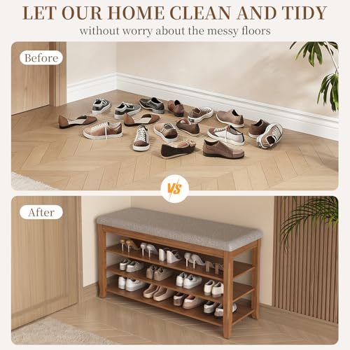 Solid Wood Shoe Bench with Storage, Flip-Top Soft-Close Lid, Adjustable Shelves, Cushioned Entryway Shoe Rack Organizer, 23.6"