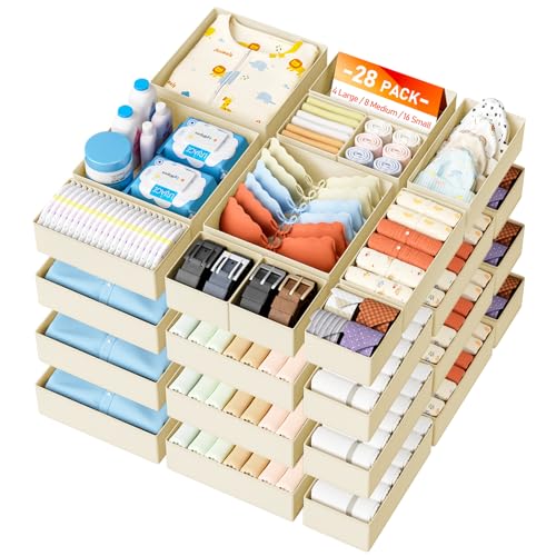 DIMJ Drawer Organizer Clothes 28 Pack - Foldable Baby Organizers and Storage & Closet Organizers for Bedroom, Closet - Nursery Organization Dresser Dividers for underwear, Sock,Bra, Belt, Tie,Beige - color: Beige, size: 28 Pack