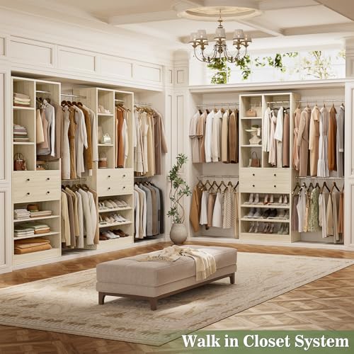 Besiost Closet System, 4.2–8.8 FT Closet Organizer with 2 Wooden Drawers and Shelves, Walk-in Closet System with 5 Hang Rods, Built-in Reach in Closet Tower, Can Fit 60 to 96 inch, Greige Oak - color: Greige Oak