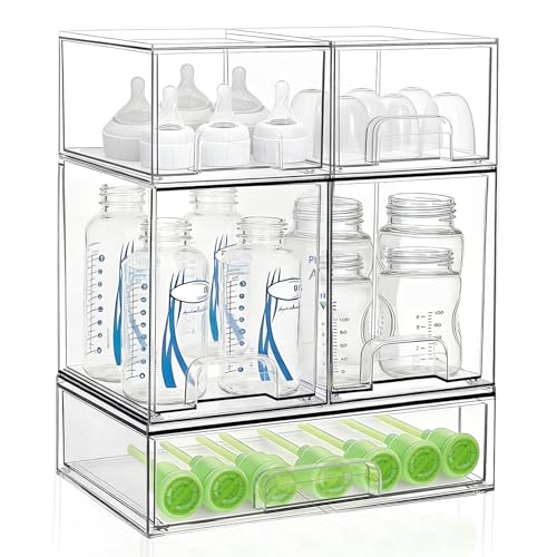 Bottle Storage Organizer Baby: Clear Stackable Storage Drawers, Acrylic Bottles Station Organizer for Countertop, Vanity, Bathroom, Cabinet Organization - 5 Pack - size: 2 Small+2 High+1 Wide