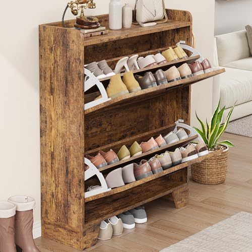 IDEALHOSUE Shoe Cabinet Storage for Entryway, Slim Shoe Storage Cabinet with 2 Flip Drawers, Freestanding Hidden Narrow Shoe Organizer Cabinet with Hooks for Entrance, Foyer, Hallway, Rustic Brown - color: Rustic Brown, size: 2-Drawers