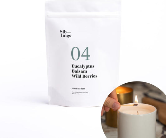Siblings Candle Making Kit | DIY Coconut-Soy Wax Candle Kit with Wooden Wick | Scent No 04: Eucalyptus, Balsam, Wild Berries | Clean, Non-Toxic, Reusable, 60 Hr Burn
