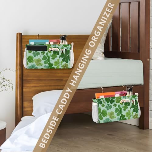 Bedside Caddy Hanging Bunk Bed Caddy Bed Organizer Hanging Pocket with 2 Hooks Bedside Storage Organizer Pocket Bag Holder Green Nature St Patrick Clovers - color: Green Nature St Patrick Clovers