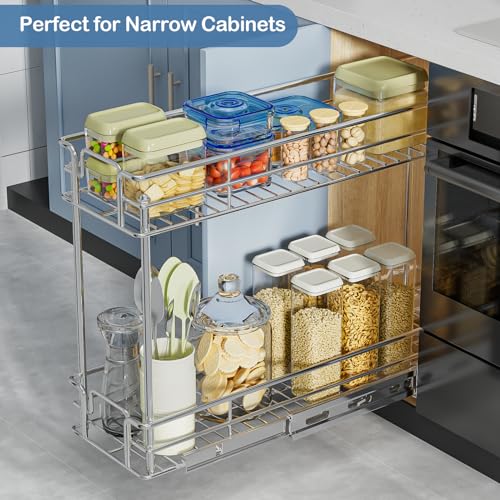 ROOMTEC Pull Out Spice Rack for Narrow Cabinet (8½" W X 21" D),2 Tier Slide Out Cabinet Organizer and Pull Out Shelves Under Cabinet Storage for Kitchen, Chrome - size: 8½" W x 21" D, 2 Tier