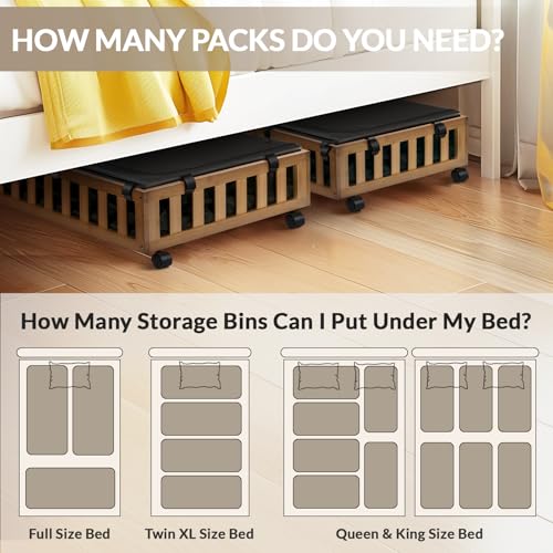 Gashell 2 Pack Bamboo Under Bed Storage with Wheels, 39”x20”x7.8” Lager Under Bed Storage Containers (Brown) - color: Brown