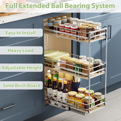 ROOMTEC 3-Tier Pull Out Cabinet Organizer Spice Rack for Narrow Cabinet 9" W x 20½" D, Slide Out Wood Shelves Storage for Kitchen - size: 9" W x 20½" D, 3 Tier, Wood Shelves