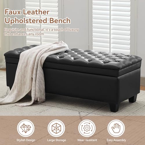 WUTUTUEE 50" Faux Leather Storage Ottoman Bench, End of Bed Upholstered Rectangle Storage Ottoman Tufted Living Room Bedroom Bench with Safety Hinge, Solid Wood Legs, Loads 500 lb(Black) - color: Black