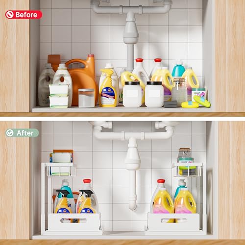 VUSIGN Under Kitchen Sink Organizer 2 Tier, Pull Out Bathroom Sink Organizers and Storage, Cabinet Kitchen Bathroom Storage Organization Shelf, 2 Pack White