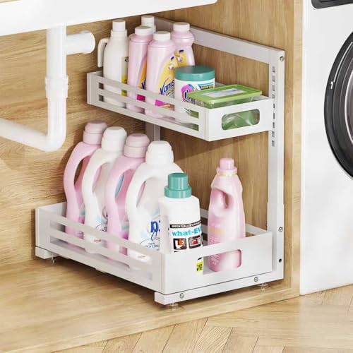 1 Pack Under Sink Organizer,Pull Out Cabinet Organizer with Smooth Cylindrical Rail,Metal Slide Out Drawer for Kitchen Bathroom Laundry Cabinet,8-Level Tool Free Height Adjustable-White - color: White, size: 1 Pack-15"Dx9.5"-16.7"H