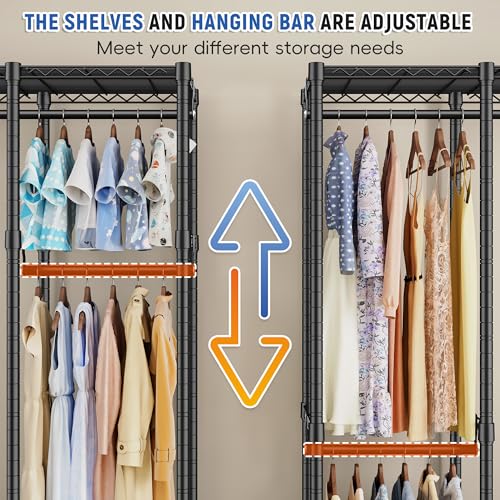 Raybee 88.2" W Clothes Rack Heavy Duty Clothing Racks for Hanging Clothes Extra Wide Portable Closet Loads 1200LBS Freestanding Garment Rack for Bedroom 88.2" W x 75.6" H x 15.7" D, Black - color: Black, style: NO COVER
