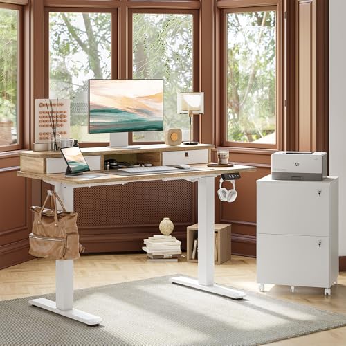 TIQLAB Standing Desk with Two Drawers, Stand Up Standing Desk Adjustable Height, Electric Sit Stand Table with Storage Shelf and Splice Board, 55 * 28 inch, Maple - color: Maple, size: 55*28 inch without keyboard tray