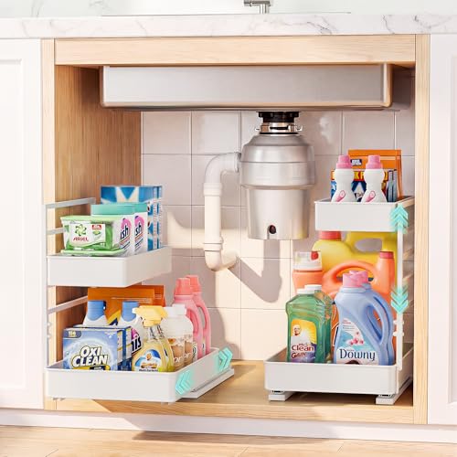 EVERIE Height Adjustable 2 Tier Metal Pull Out Slide Shelf Organizer for Framed or Frameless Under Sink Cabinets in Kitchen, Bathroom, with Snap-on Top Tray (White, 2 Sets) - color: White, size: 2 Sets
