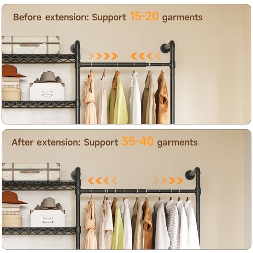 ONBRILL L7 Wall Mounted Industrial Pipe Clothing Rack – Heavy Duty Modular Closet System with 9 Hanging Rods (6 Expandable) & 10 Adjustable Shelves, Corner Garment Rack, Large Wardrobe - Black - color: Black