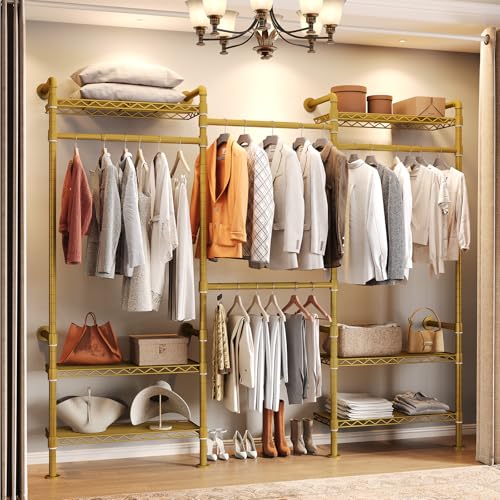 Wall Mounted Garment Rack, Walk-in Closet System with Expandable Rods, Adjustable Shelves, Industrial Pipe Clothing Racks, Hanging Clothes Organizers and Storage, Metal Closet Shelving Wardrobe - color: Gold