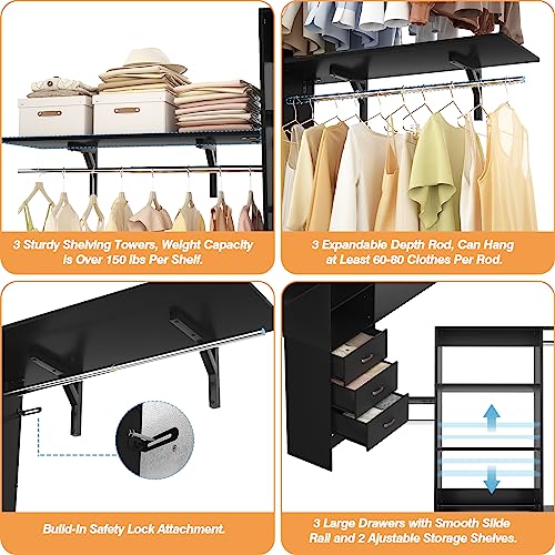 Armocity 96 Inches Closet System, 8FT Walk In Closet Organizer with 3 Shelving Towers, Heavy Duty Clothes Rack with 3 Drawers, Built-In Garment Rack, 96" L x 16" W x 75" H, Max Load 1000 LBS, Black - color: Black