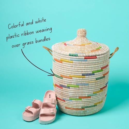 Wicker Laundry Basket, Colorful Pattern on White, 15" Wide, 19" Tall - size: Medium