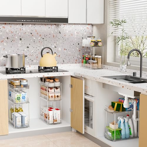 Yieach 3 Pack 13.8″ Deep 2 Tier Under Sink Storage Organizer,Large Pull Out Bathroom Organizers and Storage,Slide Out Acrylic Undersink Storage Shelf,Kitchen Under Sink Organizer for Cleaning Products - style: 3 Pack-2 Tier