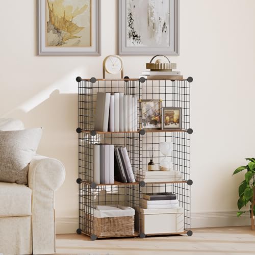 HOOBRO Side Table with Charging Station and Wire Cube Storage Organizer, Set of 2 End Table, 6-Cube Shelves, Modular Shelves with Metal Grid, DIY Closet Cabinet, BF91UBZP201-BF06CW01
