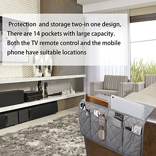 Armchair Caddy, Sofa Armrest Organizer with 14 Pockets, Waterproof Non Slip Recliner Remote Control Holder, Couch Chair Arm Storage for TV Remotes, Phone, iPad, Magazine, Books - color: Gray