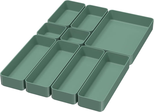 CHANCETSUI 9 Pcs Stackable Drawer Organizer Trays Set, Green, Multifunctional Storage for Vanity, Bathroom, Kitchen, Desk Drawer Organizer Office, PET Plastic