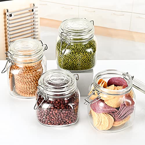 32oz Glass Food Storage Jars with Airtight Clamp Lids,Set of 4 Airtight Glass Canister Square- Clear Storage Container for Kitchen Container Storing Sugar, Flour, Cereal,Coffee,Spice…