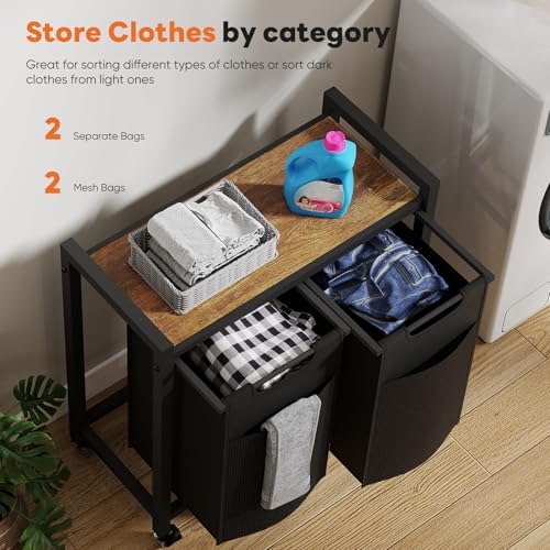 DUMOS Laundry Sorter 2 Section, 2 × 13.1Gal (99L) Rolling Laundry Basket with Pull-Out Removable Bags & Movable Wheels,Clothes Separator Hamper Cart for Laundry Room, Bathroom and Bedroom Organizer - size: 2 × 13.1 Gal (99L)