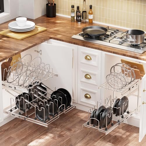 2-Tier Kitchen Pull out Cabinet Organizer for Pots, Pans, and Lid Cookware, Adjustable Heavy Duty Wire Pan and Pot Rack, Full-Extension Rail 15" W *22" D - size: 15W*22D