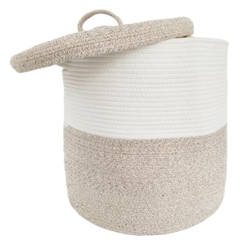 Large Storage Basket with Lid 60L, 16"Wx18"H Woven Laundry Hamper Basket with Handle, Room Decor Cotton Rope Wicker Basket Toy Organizer Bins for Clothes Blankets Pillows, Beige/White Mix includes Lid - color: Beige/White Mix-16"Wx18"H