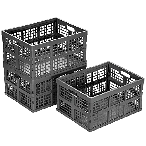 Eslite 34L Large Plastic Folding Storage Crates,Collapsible Crates for Storage,Pack of 3 (Grey) - color: Grey