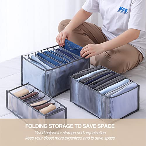 Wardrobe Clothes Organizer, 7 Grids Washable Portable Closet Organizer Mesh Separation Storage Box Foldable Closet Drawer Organizer for Underwear, Socks, Scarves, Jeans (Grey, 4 Jeans Grid) - size: 4 Jeans Grid