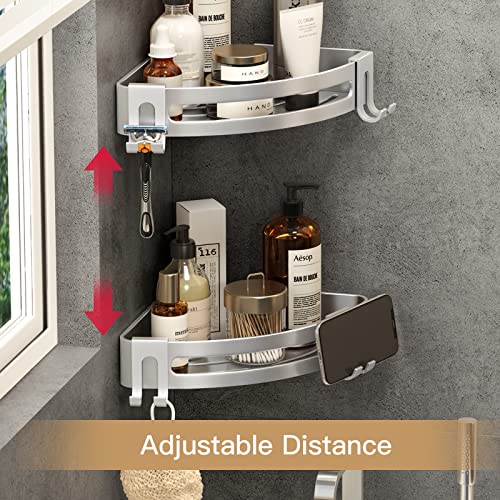 VOLPONE Corner Shower Shelves with Hooks Shower Storage Rack Rustproof Tub Organizer Drill Free (adhesive mounting, no suction cup) Shampoo Holder Wall Mount Corner Shower Caddy (3-Pack, Silver) - style: Without Suction Cup Triangle with Hooks 3 Tier Silv