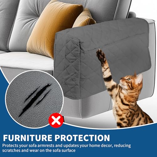 2Pcs Sofa Armrest Cover, Waterproof Armchair Slipcovers with Side Pocket, Couch Arm Covers, Easy Installation Armrest Organizer, Sofa Arm Protector for TV Remote Phone (Grey)