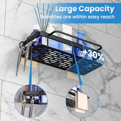 2-Pack Adhesive Shower Caddy – Rustproof Aluminum Black Shower Shelves with Towel Bars & Hooks, No Drill Bathroom Organizers and Storage, Anti-Tip Shower Organizer for Inside Shower - size: 2-Pack