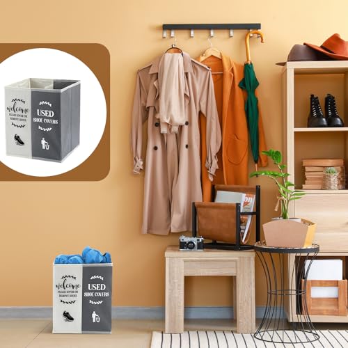 Shoe Cover Box Dispenser Foldable Storage Bin Holder with Used Shoe Covers and Welcome Please or Remove Sign for Open House Supplies(Beige, Gray) - color: Beige, Gray