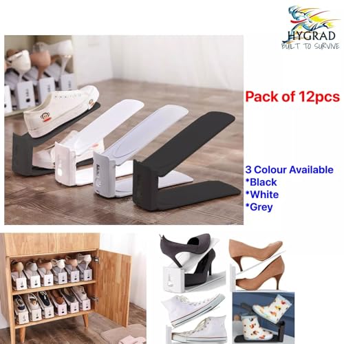 HYGRAD BUILT TO SURVIVE Shoe Slots Pack Of 12 Space-Saving Adjustable Shoe Storage Organiser with 3-Level Height, Non-Slip Shelf Holder, Plastic (Grey) - color: Grey